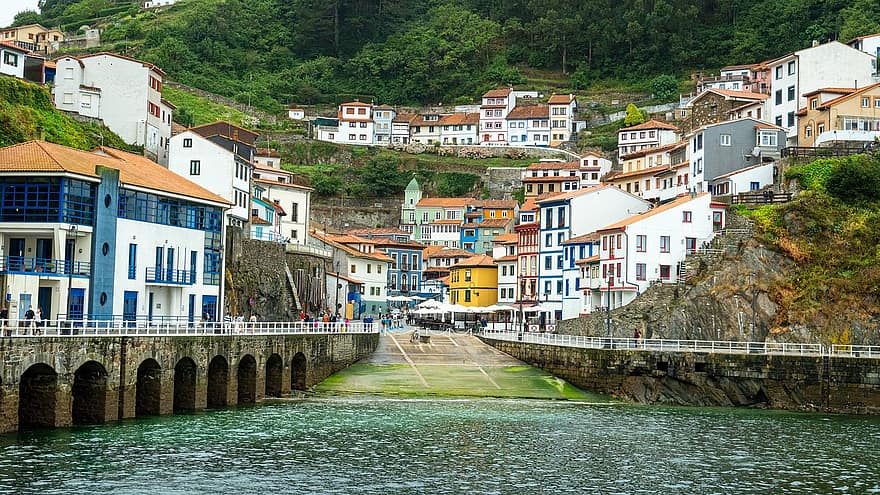 Cidade, costa, mar, à beira-mar, aldeia, prédios, casas, apartamentos, urbano, baía, oceano