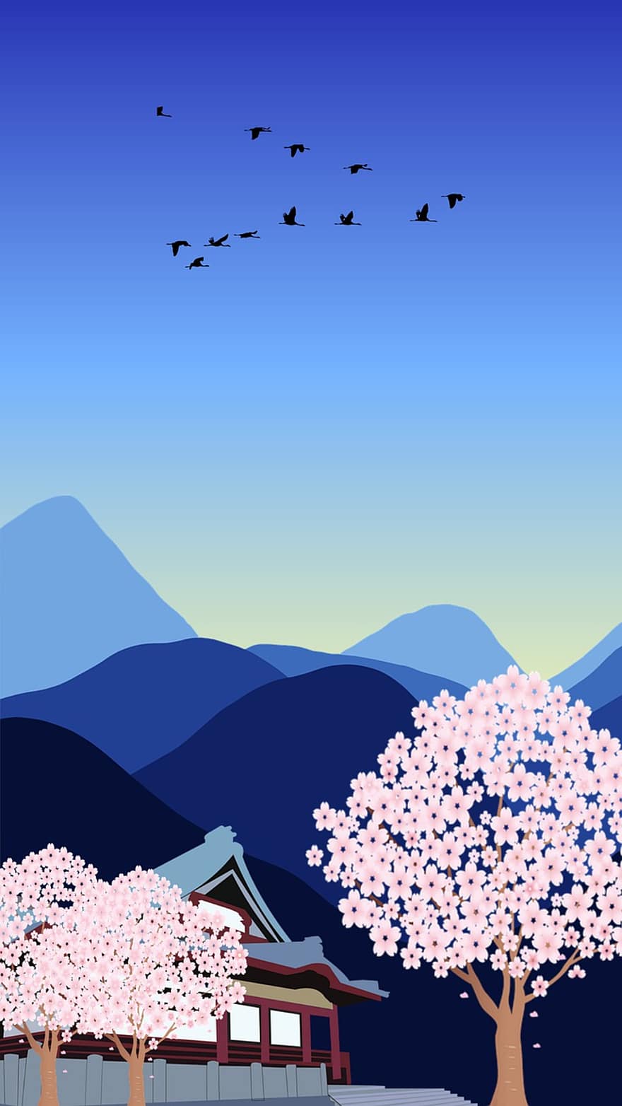 Peach Trees, Mountain, Temple, Buddhism, tree, vector, landscape, illustration, backgrounds, season, springtime