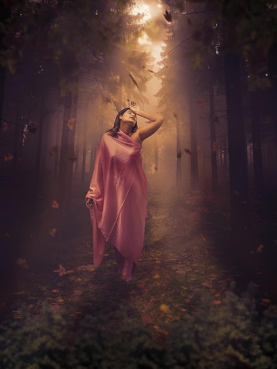 orman, Kadın, portre, Dramatik Fotoğraf Çekimi, doğa, ağaçlar, sisli, KADIN, yetişkin, bir kişi, sonbahar