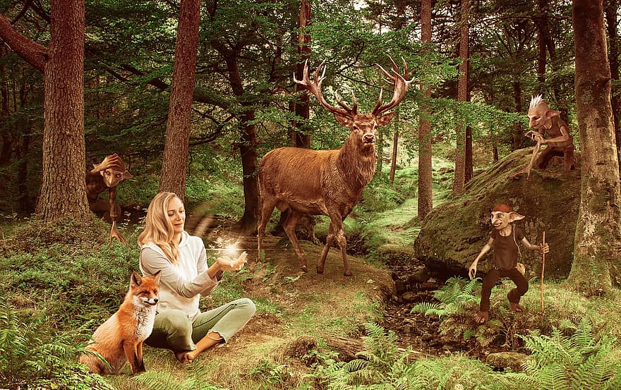 ファンタジー、魔法、若い女性、ゴブリン、森林、木、空き地、鹿、ほほえむ、女性たち、一体感