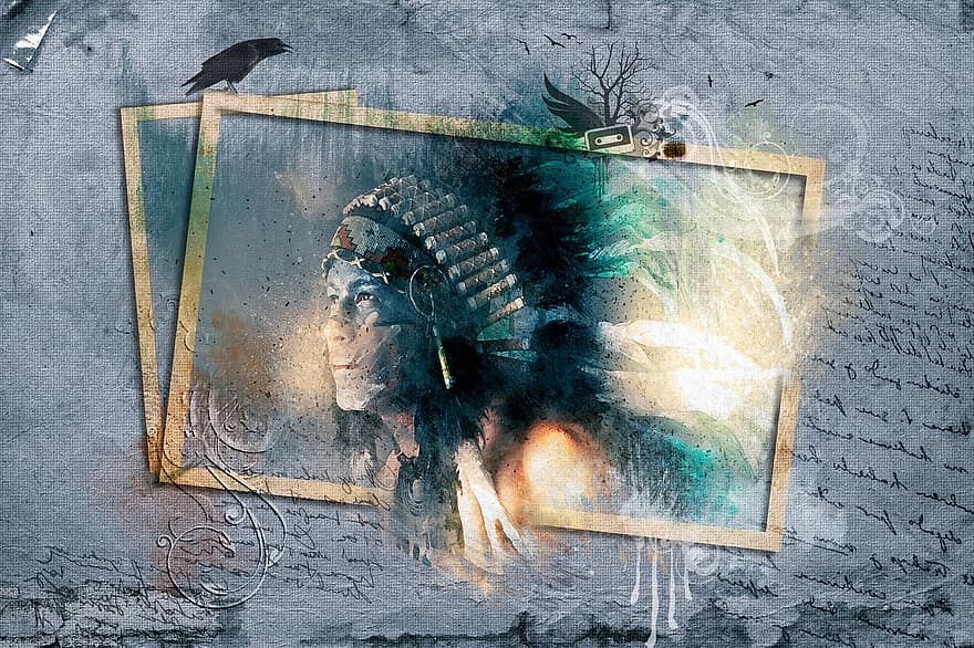 Indigenous, Man, Male, Indian, Feathers, Head Set, Portrait, Young, Culture, Ethnic, Digital Manipulation