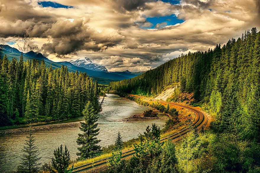 Nature, River, Travel, Exploration, Outdoors, Banff, Railroad, Mountains, Forest