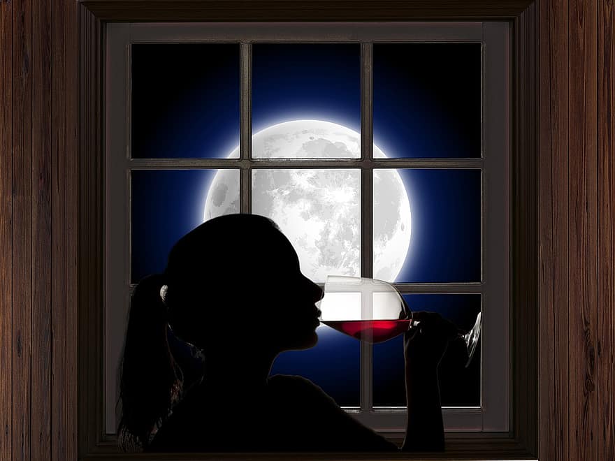 pusnakts, dzeršana, sieviete, vīns, pilnmēness, mēness, naktī, pieaugušais, sievietēm, siluets, logu