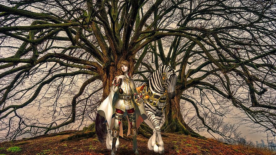 zebra, pejuang, fantasi, karakter, gadis, wanita, hewan, margasatwa, ranting, pohon, pohon telanjang