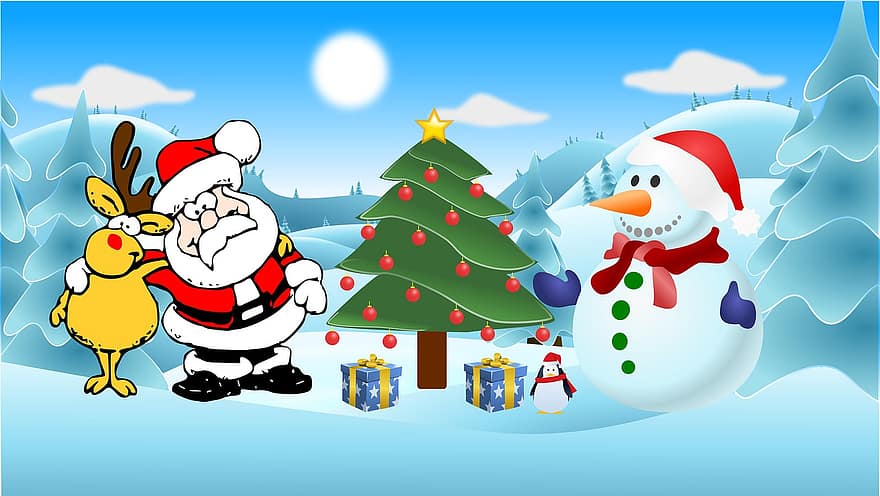 Noël, Sapin de Noël, père Noël, bonhomme de neige, neige, vacances, fête, décoration, Père Noël, renne, Rudolph