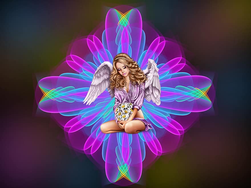 anjo, asas, flor, desenhar, colorida