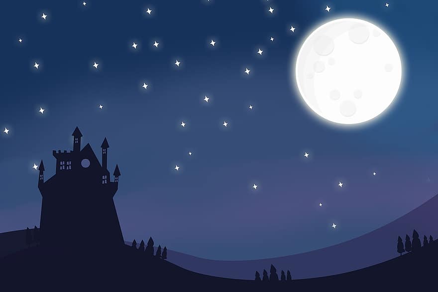 місяць, замок, ніч, містичний, моторошний, фантазія, темрява, Хеллоуїн, небо, казка, загадковий