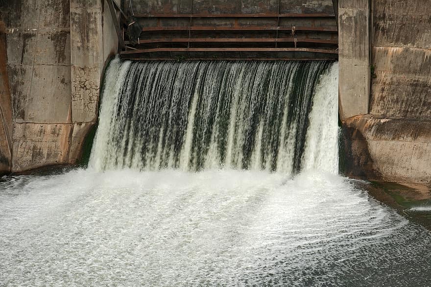 水門を開く、ダムの壁、オーバーフロー、カスケード、水、燃料と発電、流れる、電気、ジェネレータ、技術、業界