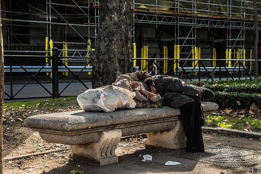 hjemløs, hjemløse, parkere, sovende, gade, by, herrer, affald, snavset, bænk, sidder
