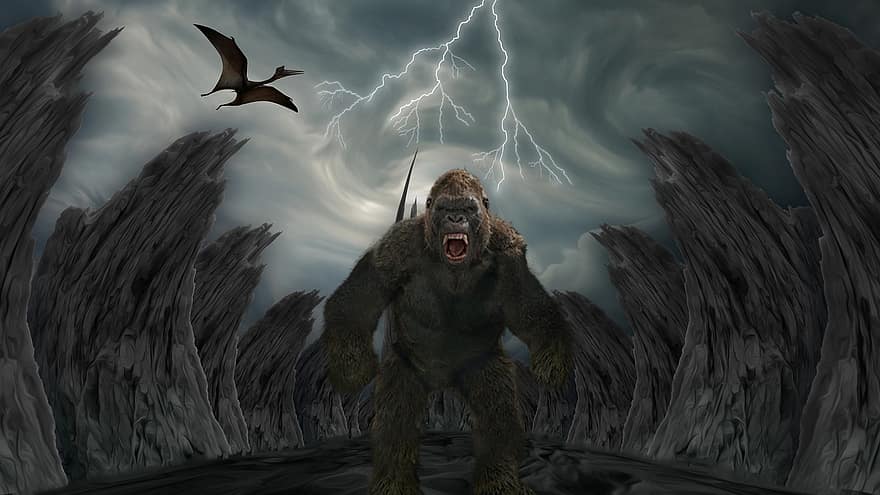 King Kong, dinosaurie, fantasi, stenar, stormig, illustration, djur i det vilda, män, läskigt, fara, Skräck