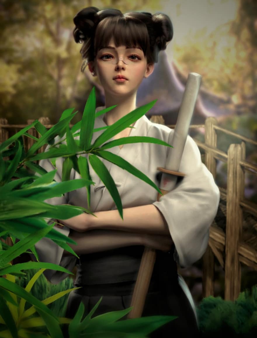 femme, bambou, feuilles, épée, seul, pont, personnage