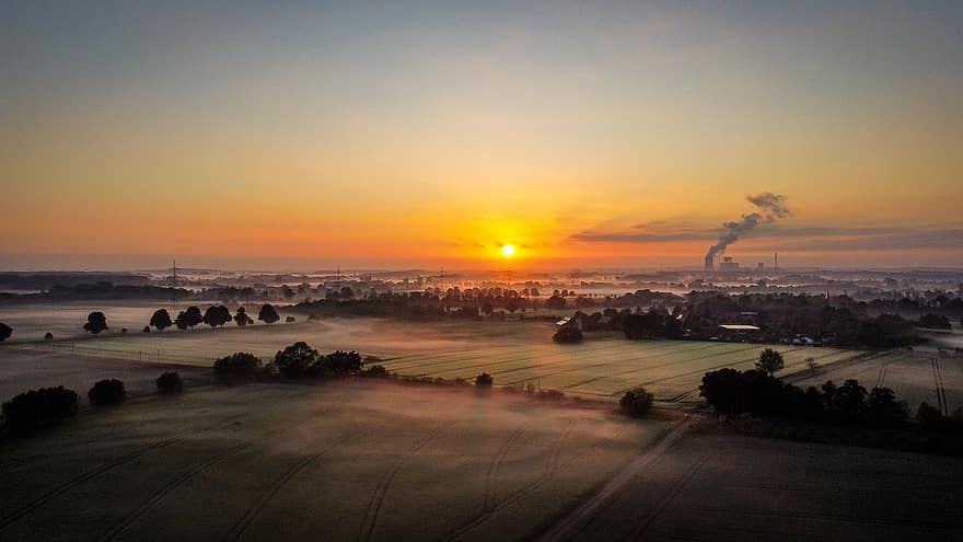 схід сонця, вранці, туман, небо, дерева, електростанція, Німеччина, природи