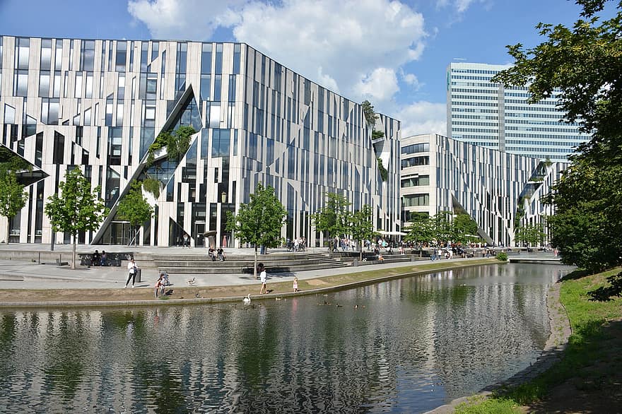 clădiri, modern, faţadă, sticlă, râu, parc, oglindă, arhitectura moderna, fațadele din sticlă, köbogen