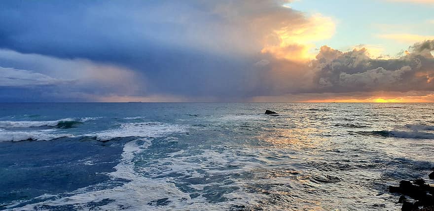 Sea, Beach, Sunset, Ocean, Nature, Twilight, Ischia, wave, water, dusk, blue