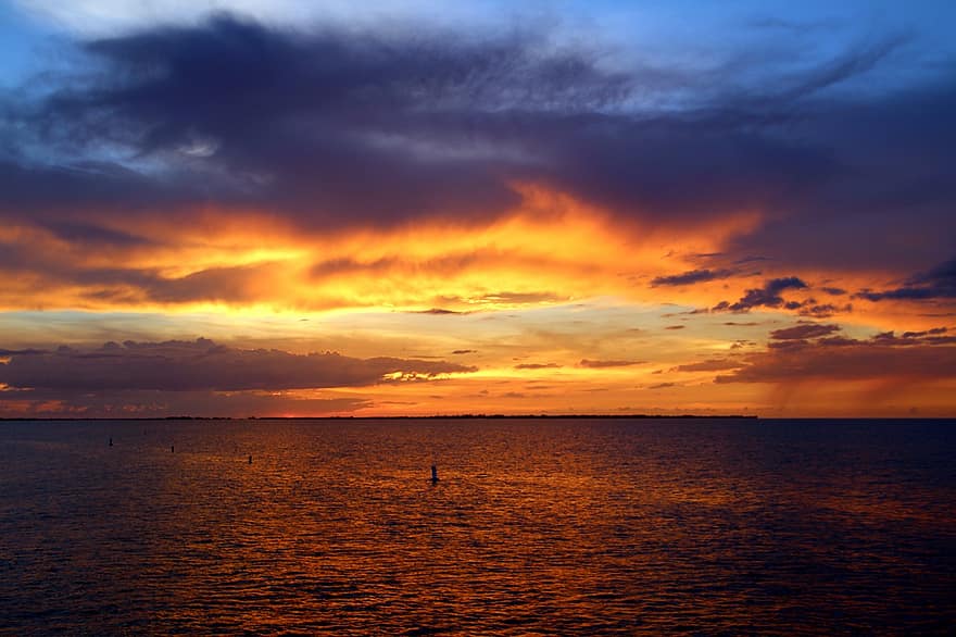 paysage marin, mer, le coucher du soleil, océan, eau, l'horizon, horizon, ciel nuageux, ciel orange, Aube, crépuscule