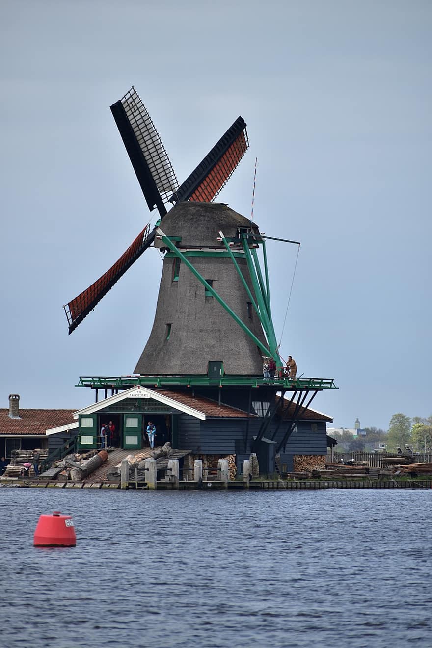 Mill, Zaanse Schans, Holland, Netherlands, Nature, Wind, Wing, Turbine, Water, Buoy, Zaanse