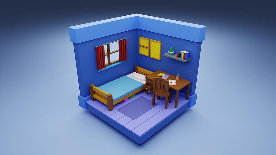 Child's Bedroom, Bedroom, Interior Design, 3d Render, 3d Mockup, indoors, table, domestic room, blue, illustration, design