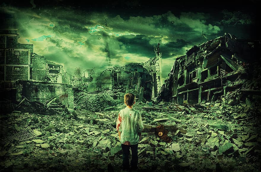 bambino, perso in guerra, città distrutta, solo, conflitto, nessuno, città verde, Verde da solo