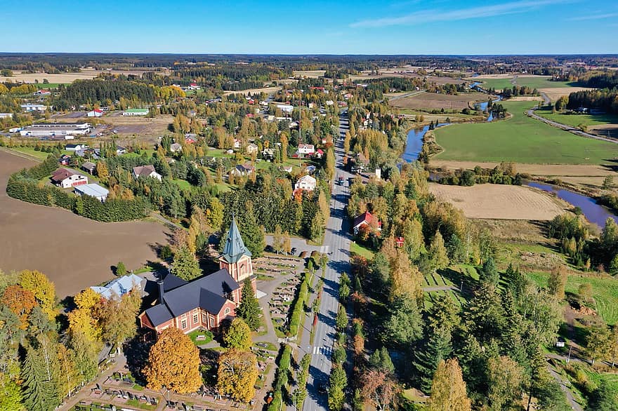 kyrka, arkitektur, träkyrka, Punkalaidun, finland, by, landsbygden, höst