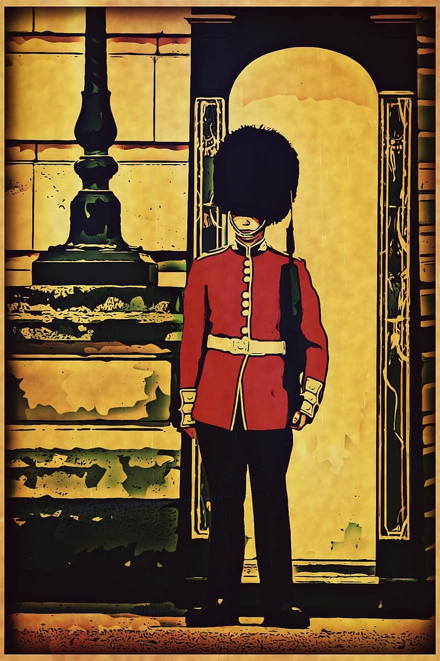 Londona, sargs, karaļa, Anglijā, uk, karaliene, karavīrs, britu, orientieris, vintage, pastkarte