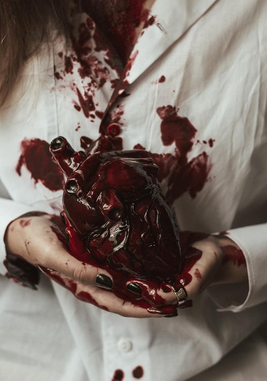 心臓、血液、女性、ハロウィン、器官、人間の心、血まみれの、怖い、閉じる、人間の手、女性たち