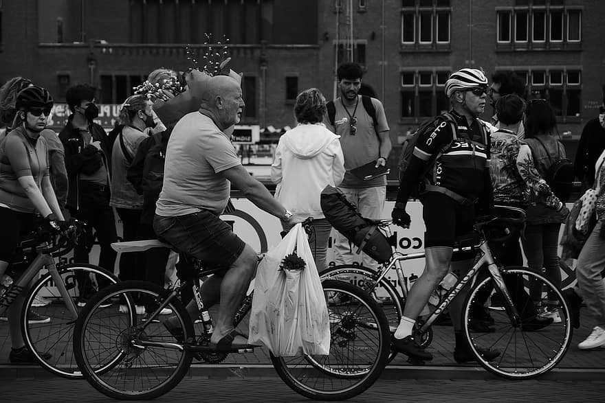 dviratininkams, gatvė, juoda ir balta, kelias, dviračiu, žmonių, kelionė, gyvenimo būdas, lauke, miesto