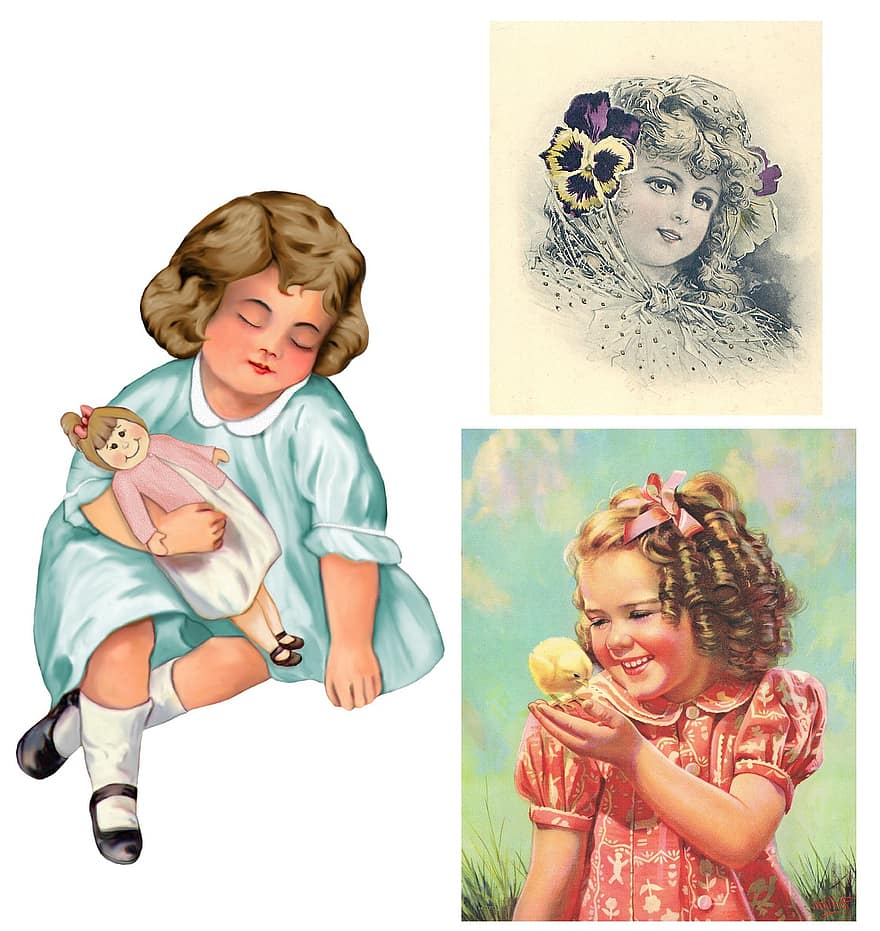 어린이, 포도 수확, 빈티지 아이들, 고대 미술, 빅토리아 주의, 귀엽다, 소녀, 인형