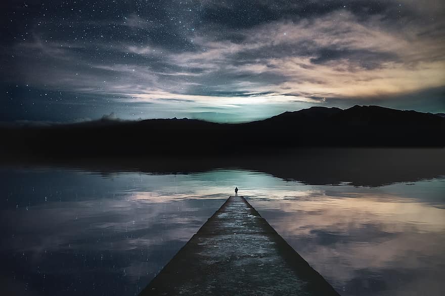 Stars, Dusk, Jetty, Clouds, Reflection, Nature, water, landscape, blue, sunset, tranquil scene