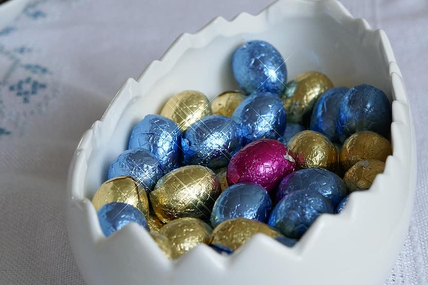 Wielkanoc, czekolada, jajko wielkanocne, Słodkie, zbliżenie, niebieski, jedzenie, kapsuła, wielobarwne, uroczystość, tła