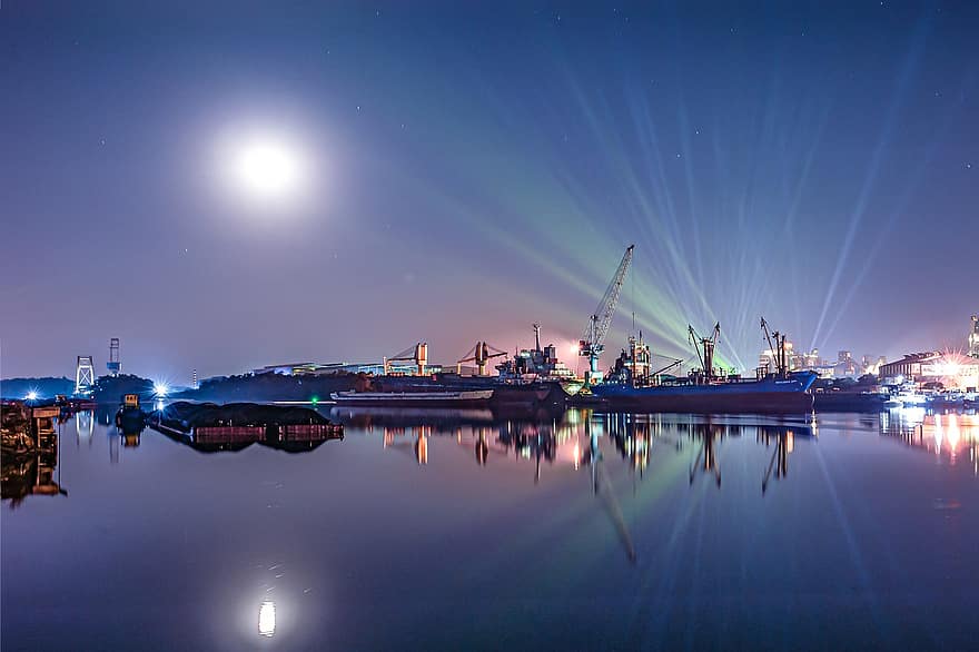 River, Port, Moonlight, Full Moon, Ships, Illuminated, Night Sky, Water Reflections, Mirroring, Mirror Image, Shipping