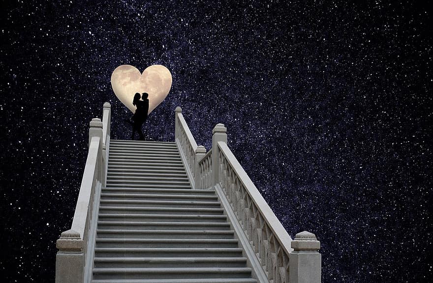 zakochani, gwiazdy, Fantazja, niebo, serce, księżyc, schody, para, miłość, sylwetka, związek