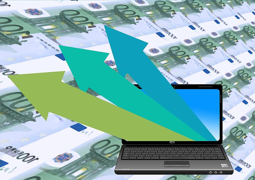 laptop, Monitor, euro, bani, finanţa, săgeată, top, succes, albastru, verde, în sus