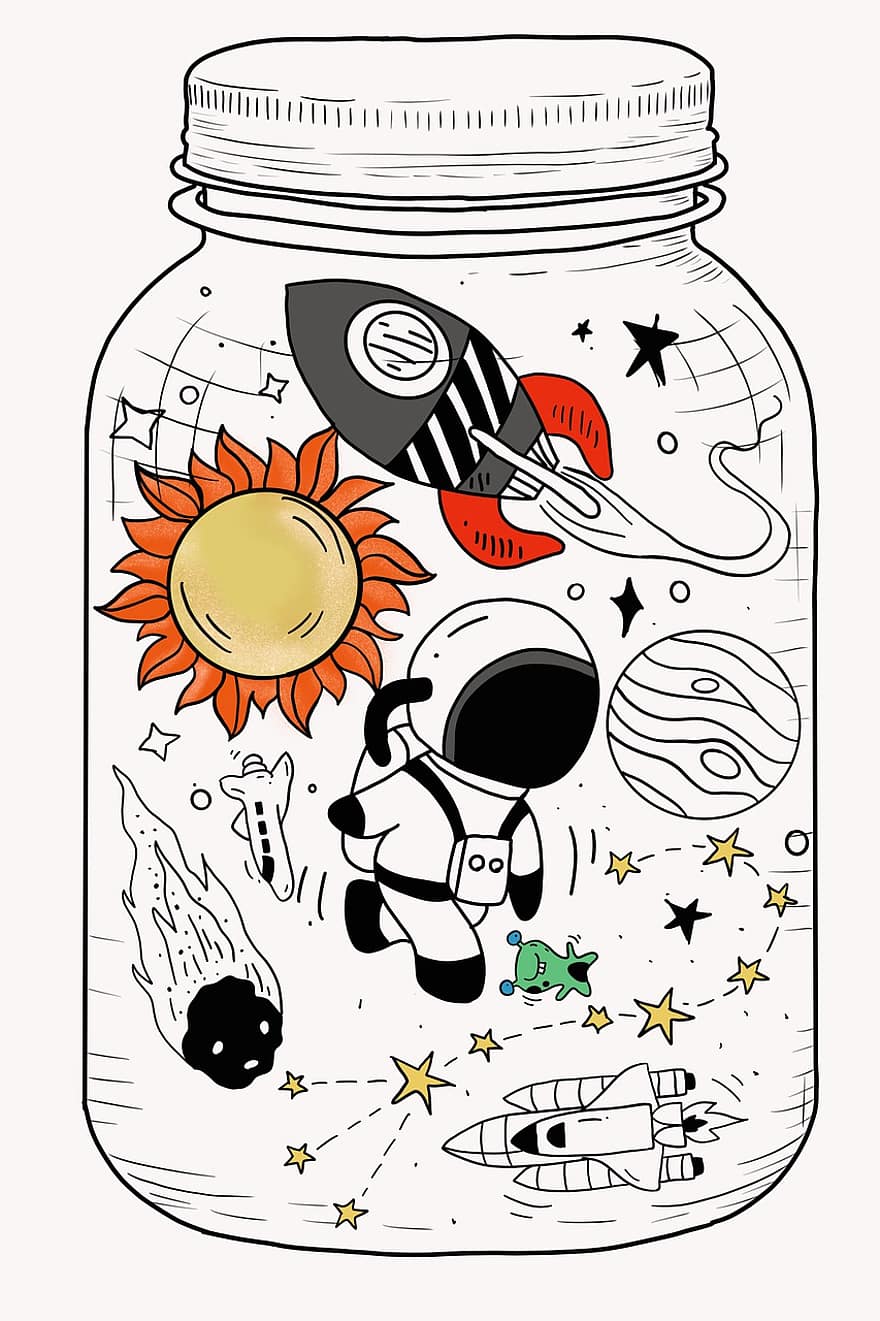 astronaut, tekening, planeet, sterrenbeeld