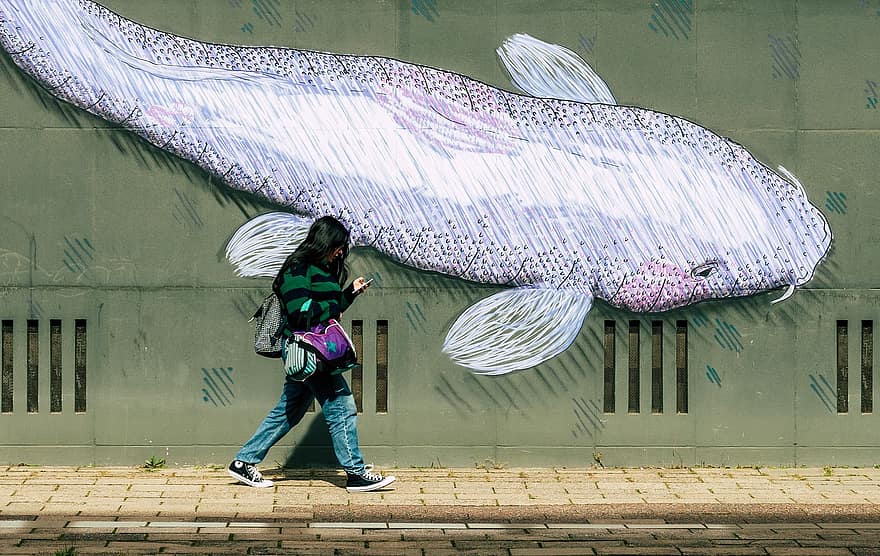Graffiti, Fish, Street, Wall, Sidewalk, Woman, Walk, Facade, Painting, Art, Hand Drawing