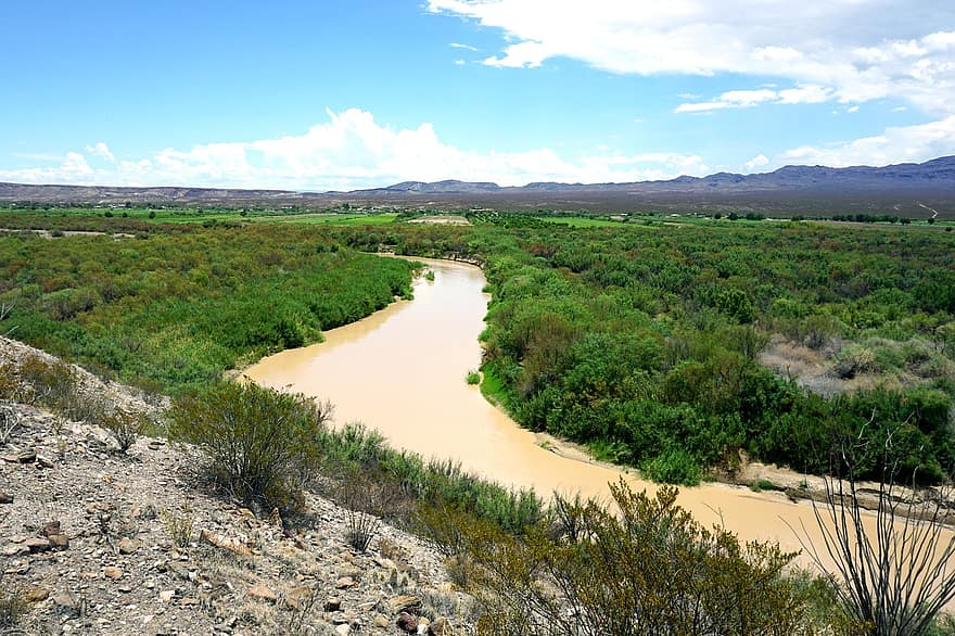 River, Border, Canyon, Field, Bushes, Plants, Weeds, Mountains, Rio Grande, Usa, Mexico