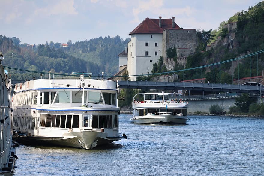 enviar, crucero, bote, río, agua, puente, edificios, ciudad, turismo, Danubio
