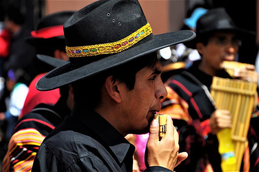 man, muziek-, traditie, mannetje, portret, Peru, Puno, Candelaria, folklore, reis, toerisme