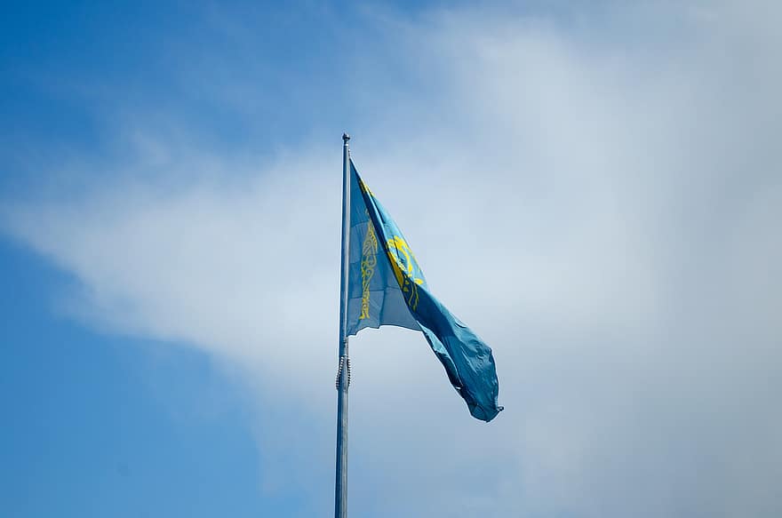 flaga, kazachstański, niebieskie niebo, Kazachstan