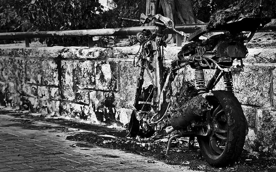 quemado, motocicleta, negro, blanco, coche, motor, vehículo, creativo, áspero, textura, contraste