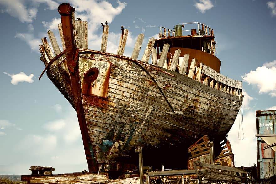 abandonado, barco, estragado, náutico, naufrágio