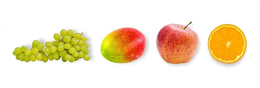 Früchte, Bio-Obst, isoliert, Orange, Mango, Trauben