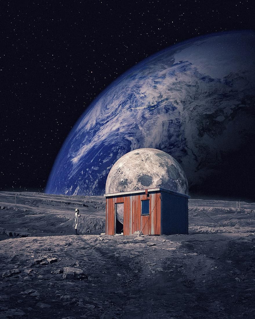 mēness, telpa, fantāzija, ēka, astronauts, planētas, zemes, kosmosā, fotomanipulācija, digitālā māksla, sirreāls