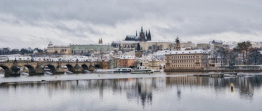 Prague, City, Winter, River, Europe, Architecture, Church, famous place, cityscape, water, building exterior