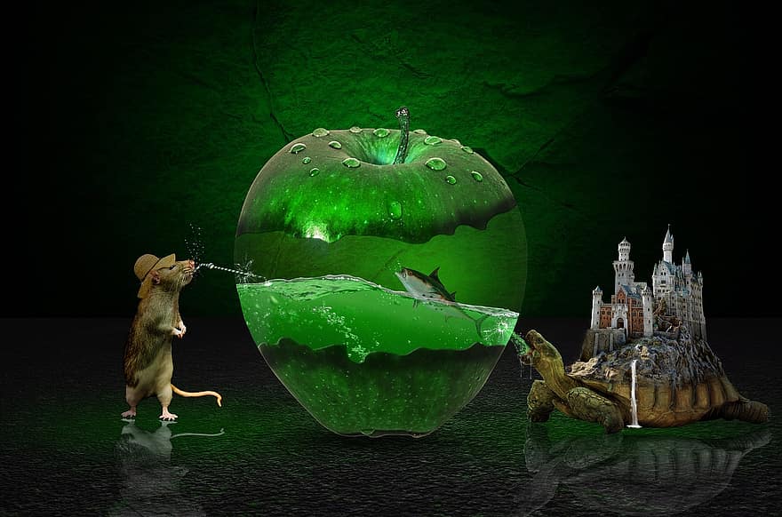 manzana verde, photoshop, fantasía, manipulación, rata