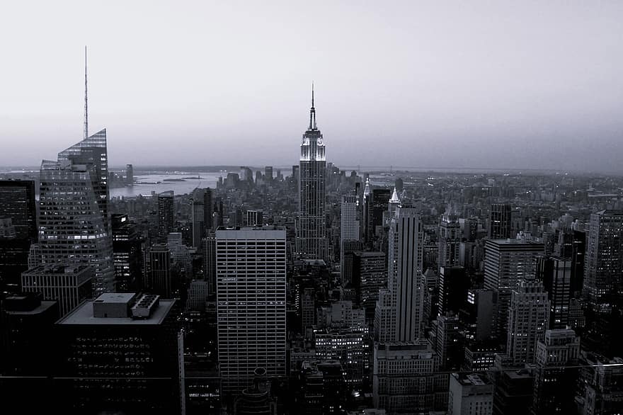 Manhattan, Nowy Jork, Miasto, czarny i biały, pejzaż miejski, drapacze chmur, sylwetka na tle nieba, Budynki, Empire State Building, miejski, nyc
