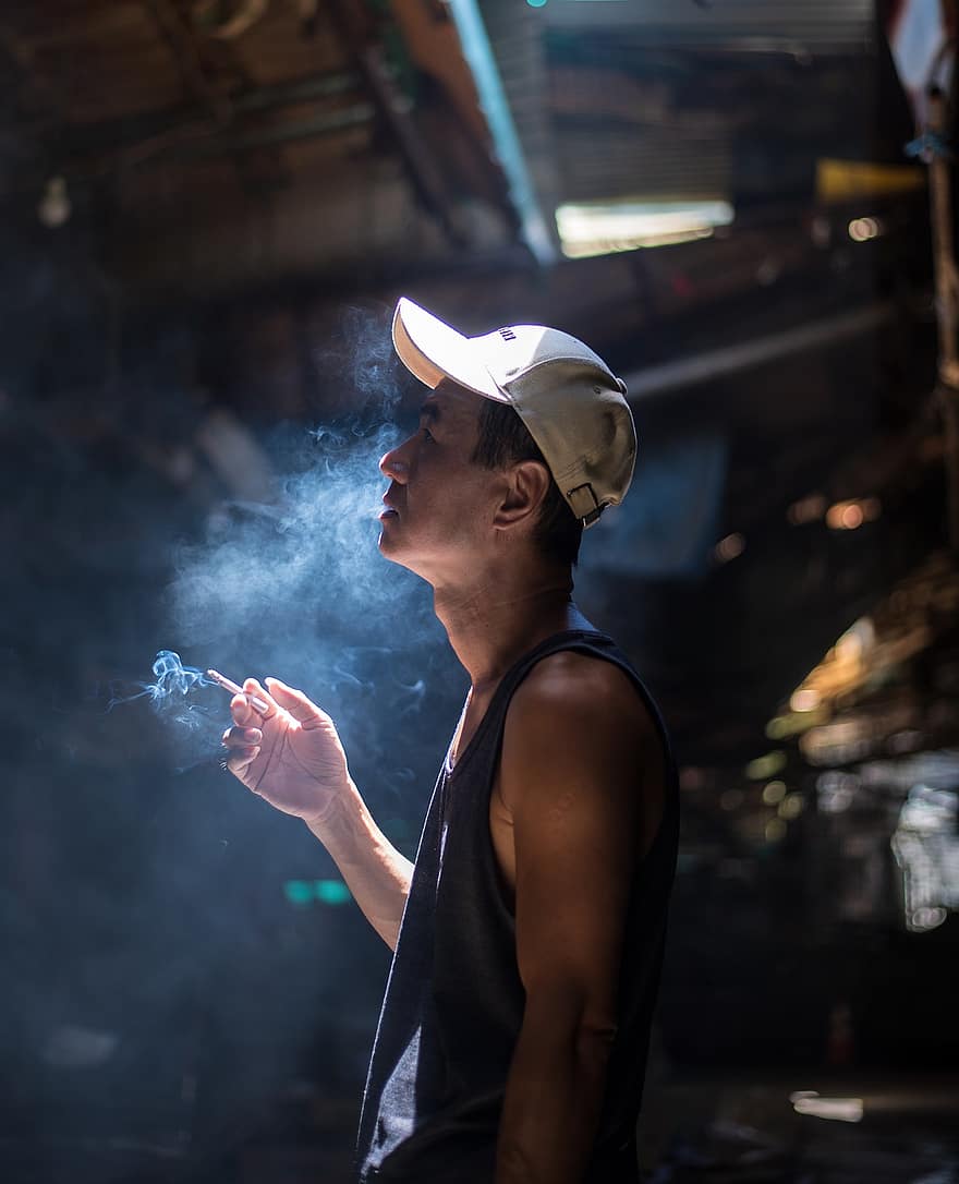 muž, cigareta, kouř, kouření, víčko, mužský, osoba, tvář
