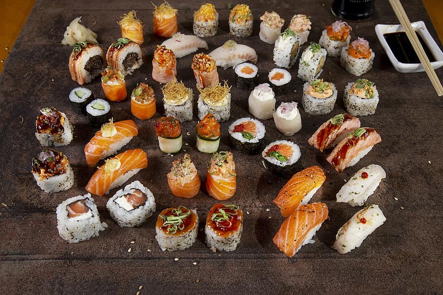 Sushi, ikan salmon, makanan laut, Jepang, restoran