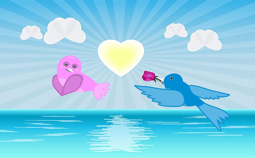 Aşk kuşları, uçan kuşlar, Aşk, romantik, kuş, uçan, doğa, dizayn, sevimli, kanat, karikatür