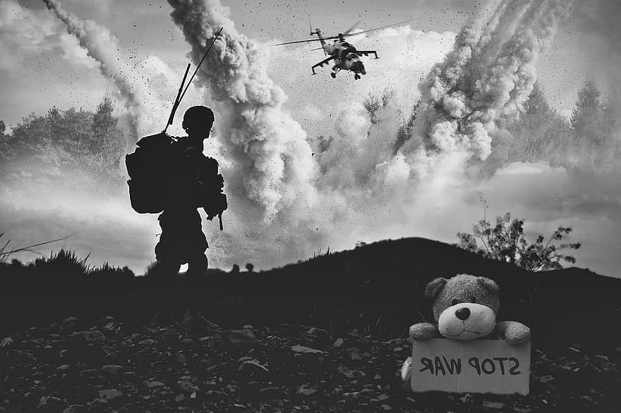 oorlog, strijd, explosie, soldaat, leger, krijgsmacht, helikopter, zwart en wit, mannen, speelgoed-, silhouet