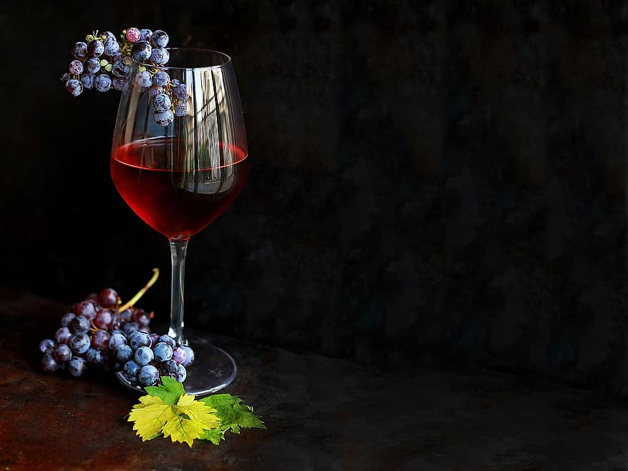 sklenka, sklenice na víno, hrozny, listy, víno, alkohol, napít se, oslava, slavit
